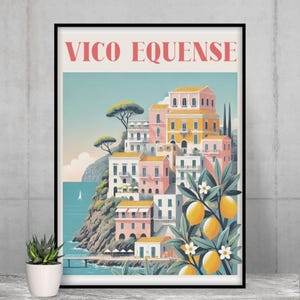 Vico Equense Satin Poster, Vintage Reisekunst, Innendekor, Italienische Wandkunst, Zitronenbaum Druck, Geschenk für Reisende