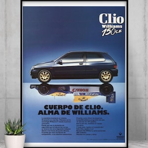Renault Clio Williams 2 Advert | Retro French Car Art | Vintage Rally Wall Decor | Gift for Car Enthusiast |Rally Group A Print 80s