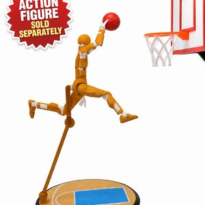 May include: A yellow articulated action figure in a basketball pose, holding a red ball, with a basketball hoop in the background. The figure has white accents. The base is a miniature basketball court. Text on the image reads "ACTION FIGURE SOLD SEPARATELY."