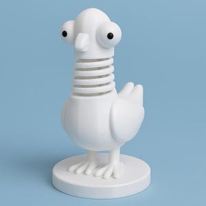 Puede incluir: Una caprichosa figura de pájaro blanco con ojos grandes y redondos y un cuello en forma de resorte. El pájaro se encuentra sobre una base circular sobre un fondo azul claro. El diseño es minimalista y juguetón, adecuado para la decoración del hogar.