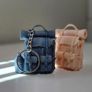 Puede incluir: Dos llaveros de mochila en miniatura. Uno es azul con un llavero plateado, y el otro es de color melocotón claro. Ambos tienen un saco de dormir enrollado adjunto en la parte superior y múltiples bolsillos.