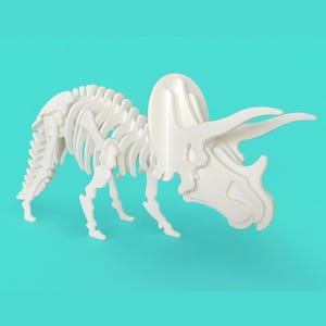 以下が含まれることがあります： 白く立体的なトリケラトプスの骨格モデル。恐竜モデルは、重ねられたパーツでできており、4本の脚で立っています。背景は単色のターコイズ色です。