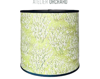 Custom Botanical Lampshade: Shrubs in Chartreuse Japanese Heritage Paper, Forest Green Cotton & Linen Trim, Bespoke Sizes