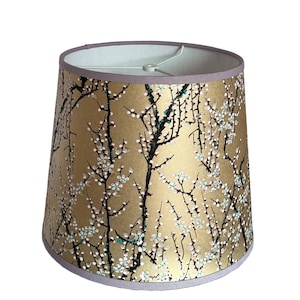 Floral Lampshade: Plum Buds in Gold Yuzen Washi Paper, Lavender Trim