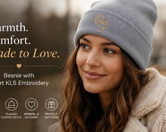 Gold Heart Script Embroidered Knit Beanie | Cuffed Winter Hat