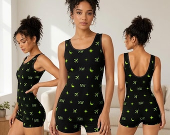 NW Glow Romper – Neon Stars, Moons, Planes Print Stretchy Lounge Shorts