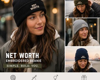 Net Worth Embroidered Beanie | Luxury Streetwear Knit Hat | Winter Cap