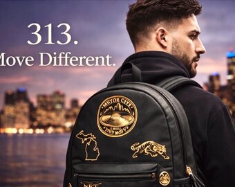 Detroit Icons Backpack | Black Gold Luxury Travel Bag, Streetwear Mindset
