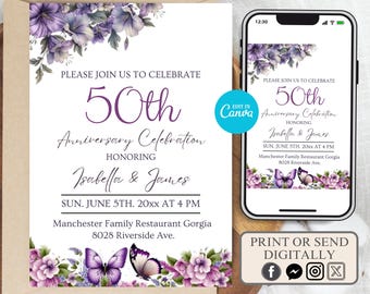 Floral 50th wedding anniversary invitation template, editable floral wedding anniversary invite, printable floral anniversary party invite