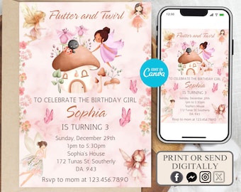 Editable Fairy First Birthday Invitation, Fairy 1st Birthday Invite, Enchanted fairy Garden Birthday Invitation, Whimsical 1st Birthday