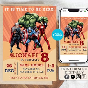 Editable Superhero Birthday Invitation, Boy Avenger Party Invite Decoration, Printable Editable Template, Avengers superhero bday invitation
