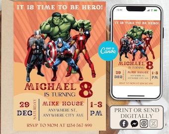 Editable Superhero Birthday Invitation, Boy Avenger Party Invite Decoration, Printable Editable Template, Avengers superhero bday invitation