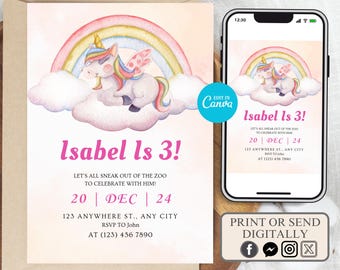 May include: A pink and blue birthday invitation with a unicorn sleeping on a cloud under a rainbow. The text reads "Isabel is 3!" and includes the date "20 | DEC | 24".