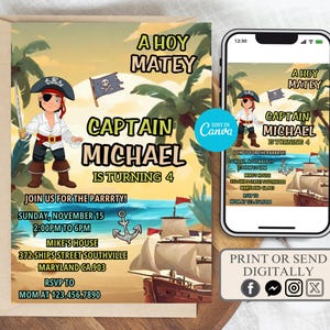 Plantilla editable de invitación de cumpleaños de piratas, invitación de cumpleaños de piratas, invitación de cumpleaños con temática pirata, plantilla editable, invitación de cumpleaños de piratas