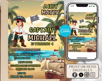 May include: Ahoy Matey! A colorful invitation for a pirate-themed birthday party for Captain Michael, who is turning 4. The invitation features a cartoon pirate with a sword and an anchor. The text includes the date, time, and location of the party.
