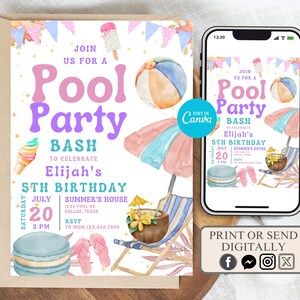 Editable Pool Party Invitation, Pool Birthday Party, Pastel Invite, Summer Birthday Party, Pool Party Editable Invitation, Summer Birthday