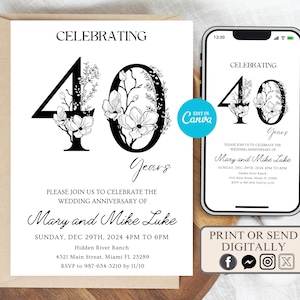 Editable Floral 40th anniversary invitation template, printable wedding anniversary invite, editable anniversary invite, wedding anniversary