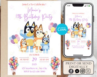 Bearbeitbare Bluey Geburtstagseinladung, Bluey digitale Einladung, Bluey Geburtstagseinladung, Bluey Girl einladen, druckbare Bluey Einladung