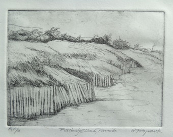 Original Fine Art Etching. Footbridge Beach, Riverside