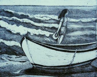 Fine Art Etching w Aquatint, Waiting