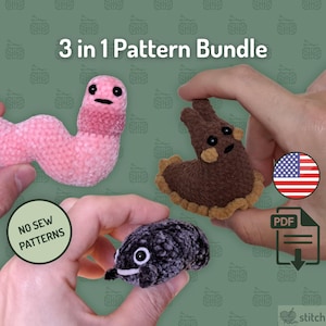 May include: A 3 in 1 Pattern Bundle featuring three small crocheted creatures: a pink worm, a brown slug with tan accents, and a textured black creature. The image includes text stating 3 in 1 Pattern Bundle, NO SEW PATTERNS, and a PDF icon.
