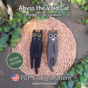 Puede incluir: Dos patrones de gato de ganchillo, uno negro y otro gris, con diferentes variaciones de cara. El texto "Abyss the Void Cat" y "PDF Crochet Pattern" son visibles. La imagen incluye el texto "Includes 2 Face Variations!" y "Instant Download".