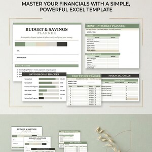 May include: An Excel budget and savings planner template featuring a clean layout with sage green accents. The document includes sections for monthly budgets, savings goal trackers, debt payoff trackers, and financial goals with clear text headers.