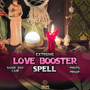Pode incluir: Uma vela vermelha com uma chama acesa, cercada por velas brancas e outros objetos sobre uma superfície escura. O texto "EXTREME LOVE BOOSTER SPELL" está escrito em letras cor-de-rosa sobre um fundo cor-de-rosa. O texto "SAME DAY CAST" está escrito em letras brancas sobre um fundo preto. O texto "PHOTO PROOF" está escrito em letras brancas sobre um fundo preto. O texto "HELEN SPELLS" está escrito em letras brancas sobre um fundo preto.