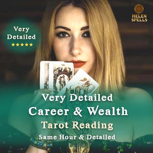 Puede incluir: Una mujer sosteniendo cartas del tarot, con el texto "Lectura de tarot de carrera y riqueza muy detallada". La imagen incluye las palabras "Muy detallado" y "Misma hora y detallado".