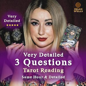 Puede incluir: Una mujer sosteniendo cartas del tarot con diseños detallados. La imagen incluye el texto: "Very Detailed 3 Questions Tarot Reading Same Hour & Detailed". El fondo es un degradado de morado y rojo oscuro.
