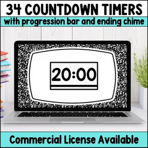 May include: A laptop displays a countdown timer with the time 20:00 in a black rectangle. The screen is surrounded by a white border with a black speckled pattern. Text at the top reads "34 COUNTDOWN TIMERS". The bottom text says "Commercial License Available".
