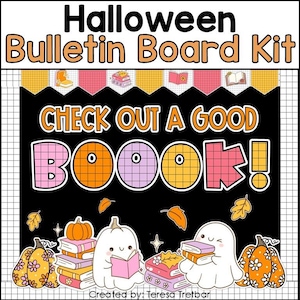 May include: A Halloween-themed bulletin board kit with the text "Halloween Bulletin Board Kit" at the top. The phrase "CHECK OUT A GOOD BOOK!" is in large, colorful letters. The design includes pumpkins, ghosts, books, and fall leaves.