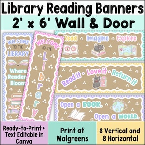 May include: A set of library reading banners featuring vertical and horizontal designs with a tan background, scalloped borders, and pastel text. Graphics include books, a cat, a map, and a globe with the text Welcome to the Library, Read, Imagine, Explore.