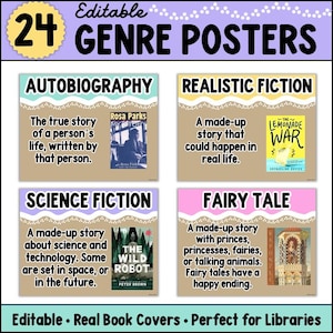 Op de afbeelding: Een set van 24 bewerkbare genreposters met educatieve definities en boekomslagen voor autobiografie, realistische fictie, sciencefiction en sprookjes. Elke poster bevat beschrijvende tekst en een afbeelding van een boekomslag.