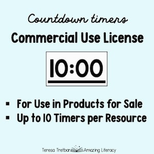 May include: A light blue graphic with the text "Countdown timers Commercial Use License." A black and white timer displays "10:00." Additional text states "For Use in Products for Sale" and "Up to 10 Timers per Resource."