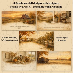 May include: A digital bundle of five farmhouse-fall themed art prints for Frame TVs and wall decor. Each landscape image features autumn scenery, including barns, pumpkins, and harvest fields, with printed scripture text included on each piece.