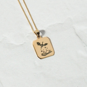 Luxury Dragon & Book Solid 9ct Yellow Gold Engraved Rectangular Dog Tag Pendant – Everlasting Gift for Readers and Fantasy Lovers