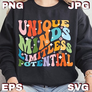 Può includere: Felpa nera con la scritta "UNIQUE MINDS LIMITLESS POTENTIAL" in un font retrò colorato. Il design include fiori e simboli di pace. Girocollo.