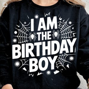 Peut inclure: Sweat-shirt noir avec l'inscription blanche "I AM THE BIRTHDAY BOY", orné de toiles d'araignées, d'araignées et d'étoiles. Un vêtement sur le thème de l'anniversaire.