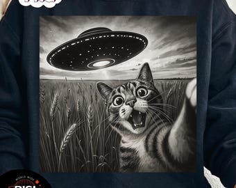 Cat UFO Alien Selfie PNG | Funny Meme Digital Download | Retro Space Cat Clipart for Women, Girls, Kids, Men | Alien Spaceship Humor Design