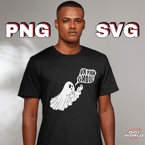 Peut inclure: T-shirt noir avec un motif de fantôme blanc et l'expression "VA FAN GHOUL!" dans une bulle de dialogue. L'image comprend également les textes "PNG" et "SVG" dans une police stylisée.
