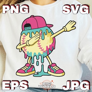 Peut inclure: Graphique sur le thème du baseball avec un personnage de baseball en train de faire un dab, portant une casquette et des baskets roses. Le baseball est jaune avec des coutures rouges et des accents roses et turquoise dégoulinants. Le texte "PNG", "SVG", "EPS" et "JPG" est inclus.