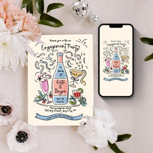 Op de afbeelding: Een kleurrijke uitnodiging voor een verlovingsparty met een handgetekend ontwerp van een champagnefles, glazen en confetti. De uitnodiging luidt: "U bent van harte uitgenodigd voor een verlovingsparty! Ter ere van Kate & Bryce, 26 april, 19:00 uur, The Sanderson Home, 111 Any Street, Any City, NY, RSVP aan Jennifer 111.222.3333".