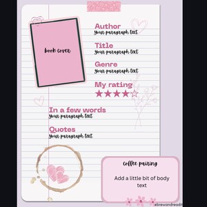 Può includere: Un modello di recensione di libri rosa e bianco con un segnaposto per la copertina del libro, una valutazione a stelle e sezioni per autore, titolo, genere e citazioni. Include una macchia di caffè e il testo "Coffee pairing".