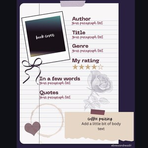 Può includere: Un modello di diario di libri digitale con un'immagine in stile polaroid etichettata "book cover". Il design include sezioni per autore, titolo, genere, valutazione, citazioni e abbinamento caffè, con un'illustrazione di rosa e un cuore.