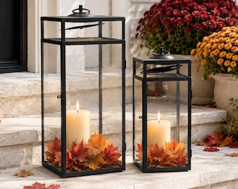 Black Metal & Glass Lantern Set: 2 Square Candle Lanterns with Heat Shields