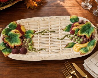 Fitz & Floyd Harvest Serving Platter | Large 20" Thanksgiving Turkey Platter | Fall Ceramic Serving Tray | Basket Weave Fruit Platter