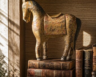 Distressed Wood Horse Sculpture, Indian Inspired Carved Horse, Primitive Folk Art Decor, Old World Equestrian Statue