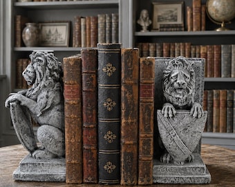 Vintage 1992 Lion Bookends | Heavy Cast Stone Shield Bookends | Gothic Library Decor | English Estate Decor | Heraldic Lion Bookends