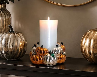 Metallic Pumpkin Pillar Candle Holder | Silver & Gold Fall Decor | Glam Thanksgiving Centerpiece | Harvest Candle Ring